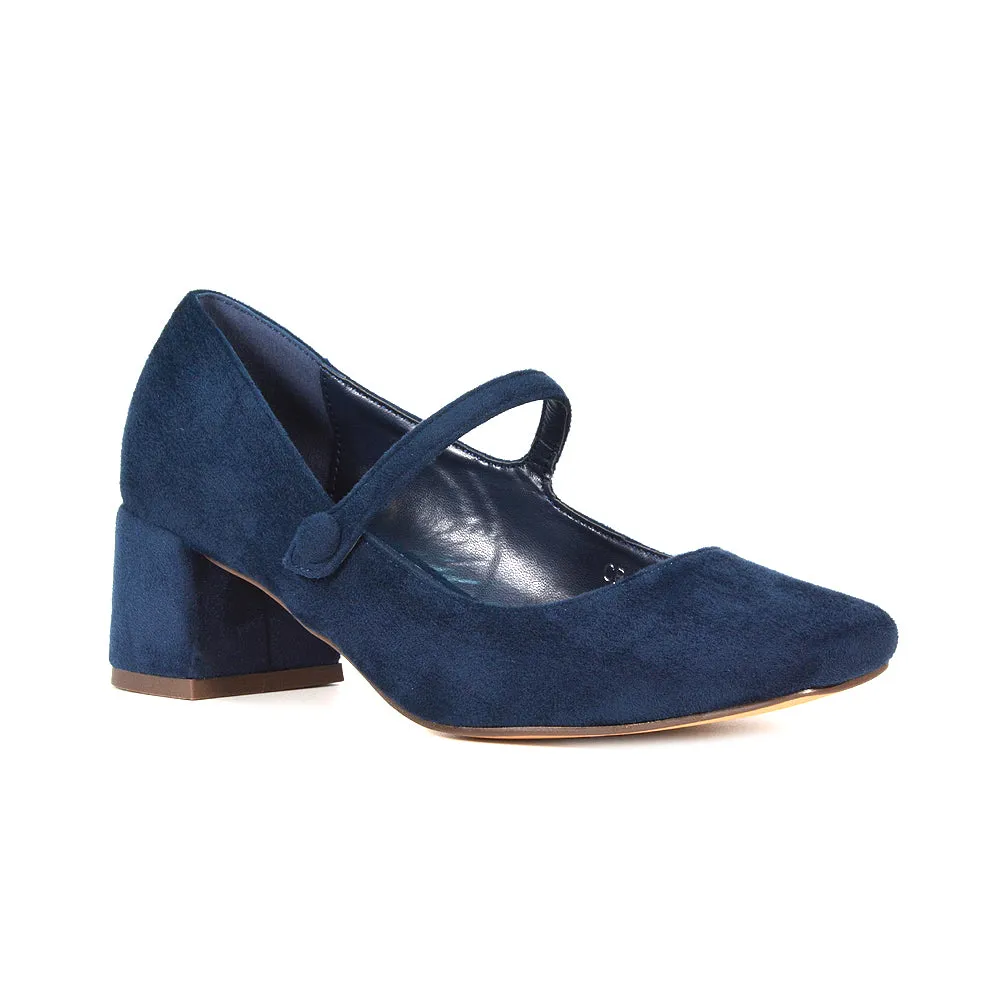 Rhea Mid Block Heel Closed Toe Mary Jane Shoes With Strap in Navy Faux Suede