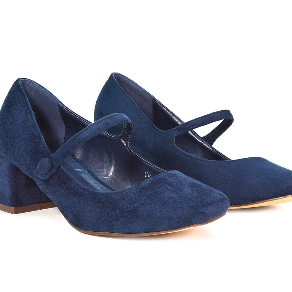 Rhea Mid Block Heel Closed Toe Mary Jane Shoes With Strap in Navy Faux Suede