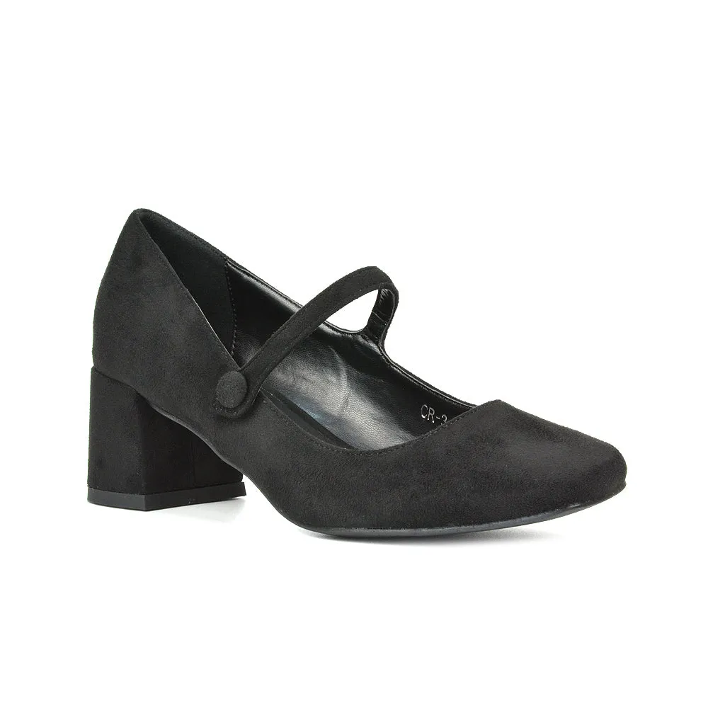 Rhea Mid Block Heel Closed Toe Mary Jane Shoes With Strap in Navy Faux Suede