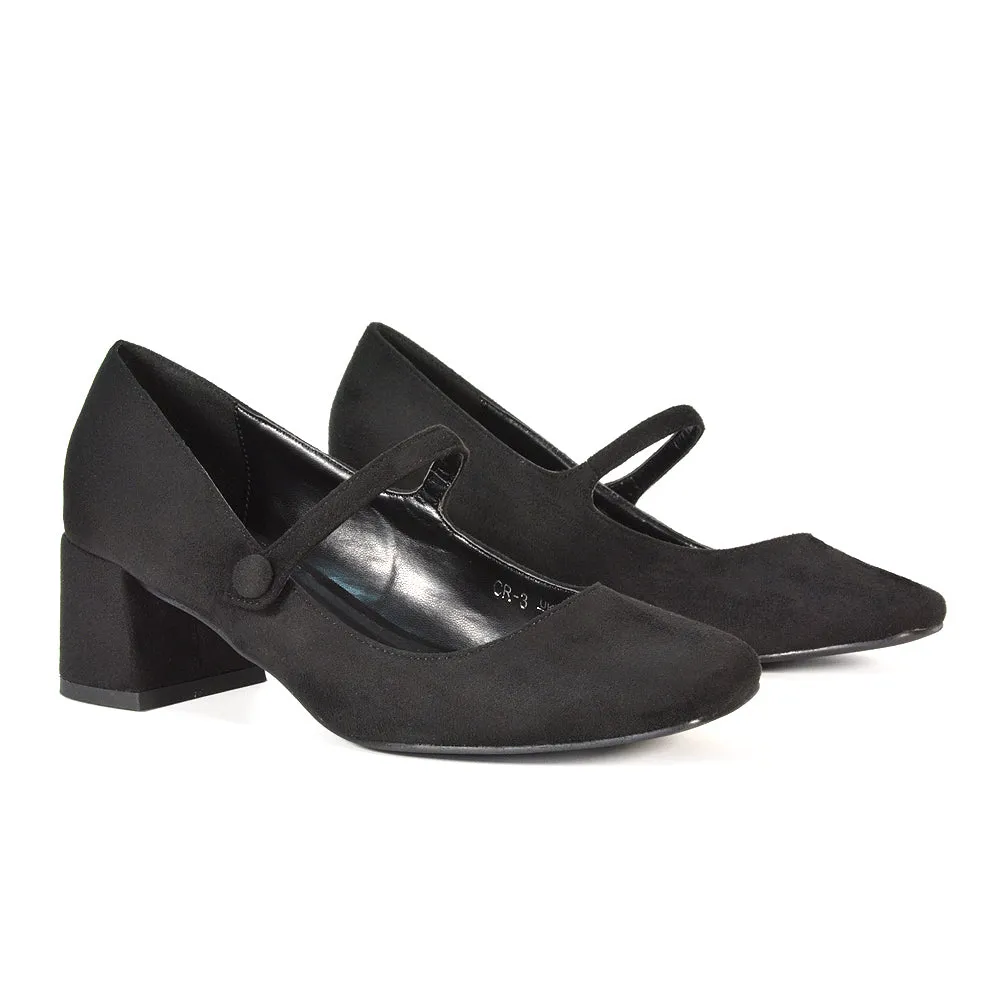 Rhea Mid Block Heel Closed Toe Mary Jane Shoes With Strap in Navy Faux Suede