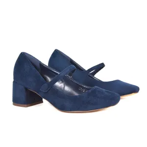 Rhea Mid Block Heel Closed Toe Mary Jane Shoes With Strap in Navy Faux Suede