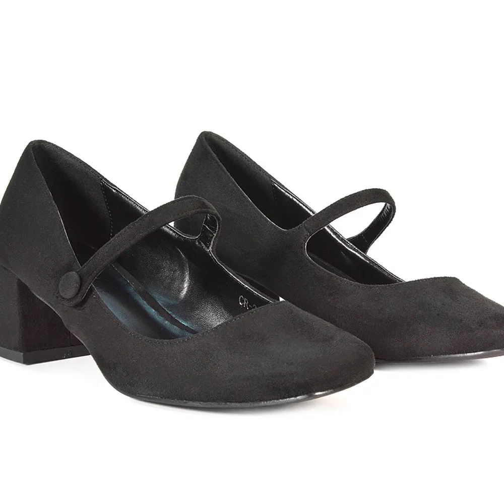 Rhea Mid Block Heel Closed Toe Mary Jane Shoes With Strap in Navy Faux Suede