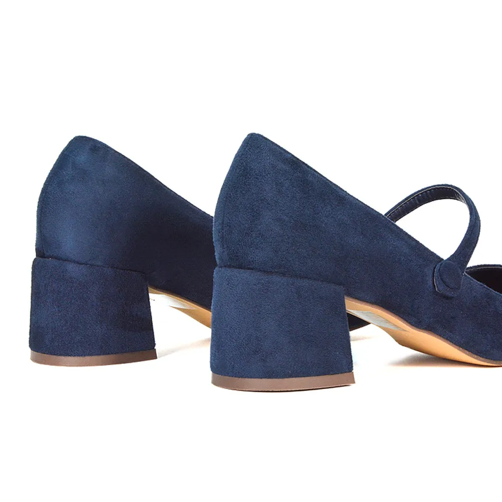 Rhea Mid Block Heel Closed Toe Mary Jane Shoes With Strap in Navy Faux Suede