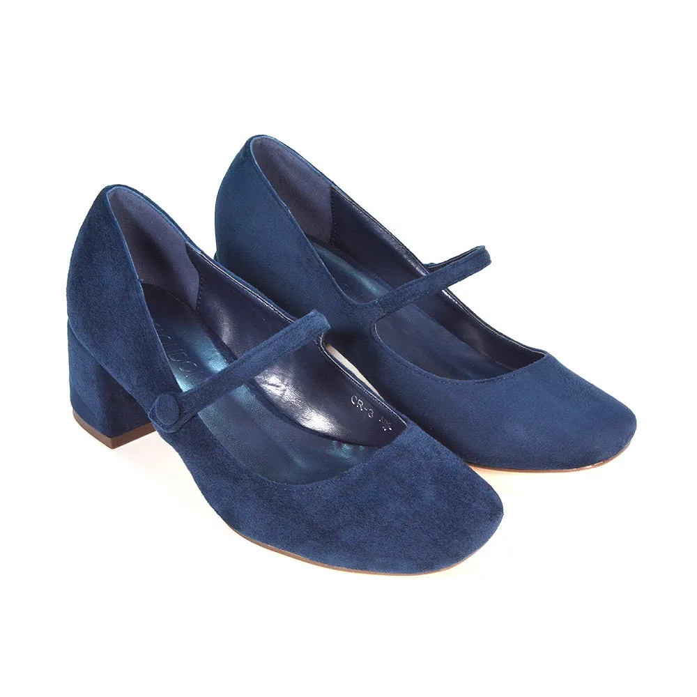 Rhea Mid Block Heel Closed Toe Mary Jane Shoes With Strap in Navy Faux Suede