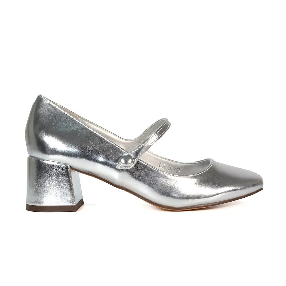 Rhea Mid Block Heel Closed Toe Mary Jane Shoes With Strap in Navy Faux Suede
