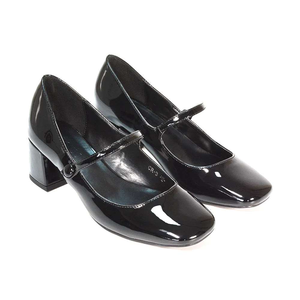 Rhea Mid Block Heel Closed Toe Mary Jane Shoes With Strap in Navy Faux Suede