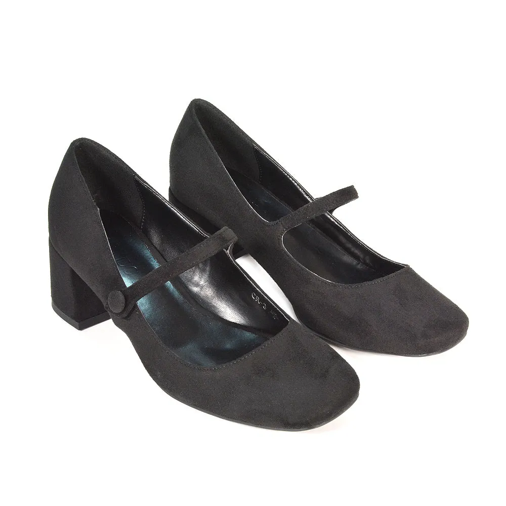 Rhea Mid Block Heel Closed Toe Mary Jane Shoes With Strap in Navy Faux Suede