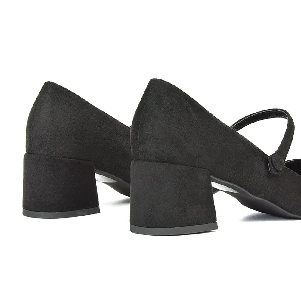 Rhea Mid Block Heel Closed Toe Mary Jane Shoes With Strap in Navy Faux Suede