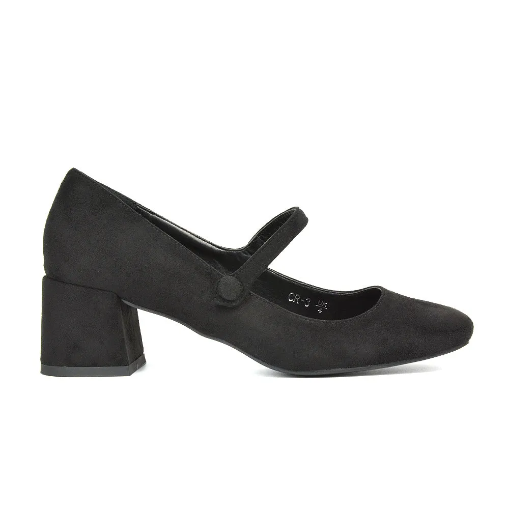 Rhea Mid Block Heel Closed Toe Mary Jane Shoes With Strap in Navy Faux Suede