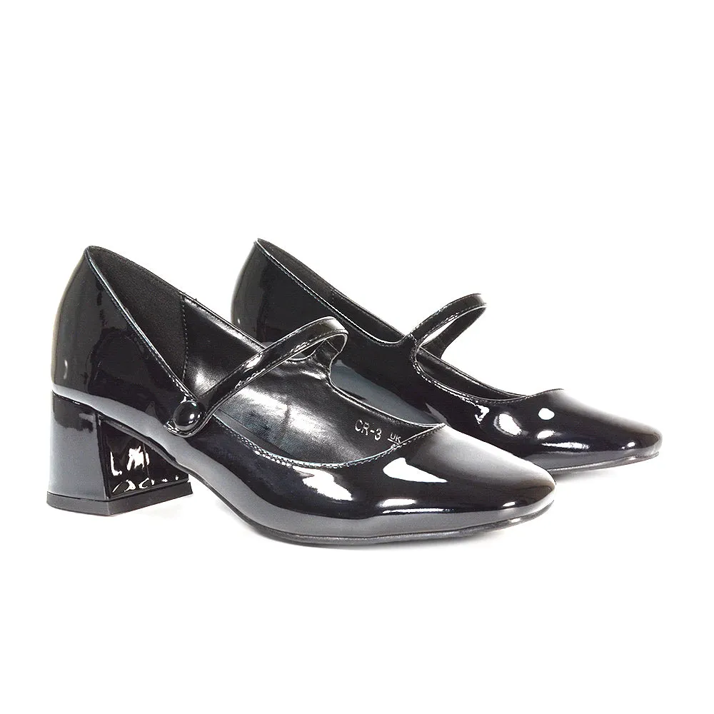 Rhea Mid Block Heel Closed Toe Mary Jane Shoes With Strap in Navy Faux Suede