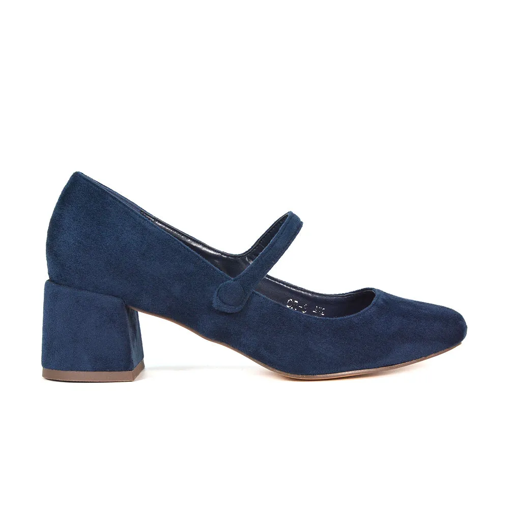 Rhea Mid Block Heel Closed Toe Mary Jane Shoes With Strap in Navy Faux Suede