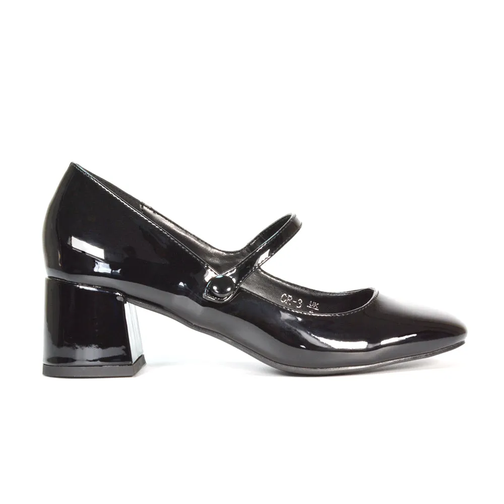 Rhea Mid Block Heel Closed Toe Mary Jane Shoes With Strap in White Synthetic Leather