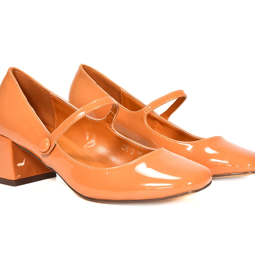 Rhea Mid Block Heel Closed Toe Mary Jane Shoes With Strap in White Synthetic Leather