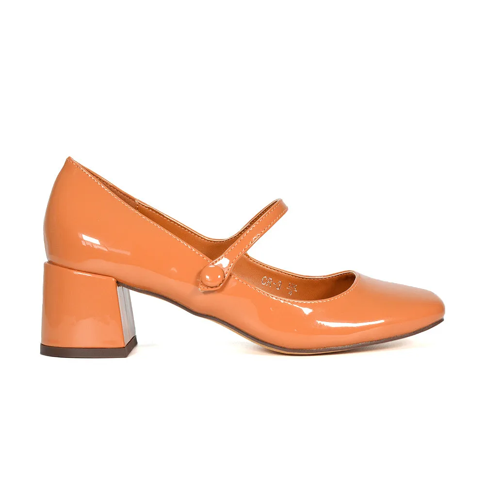 Rhea Mid Block Heel Closed Toe Mary Jane Shoes With Strap in White Synthetic Leather