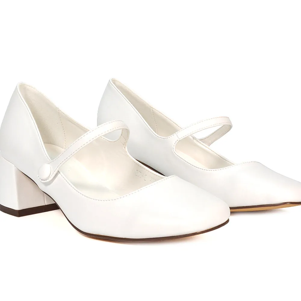 Rhea Mid Block Heel Closed Toe Mary Jane Shoes With Strap in White Synthetic Leather