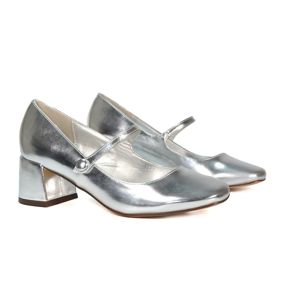 Rhea Mid Block Heel Closed Toe Mary Jane Shoes With Strap in White Synthetic Leather