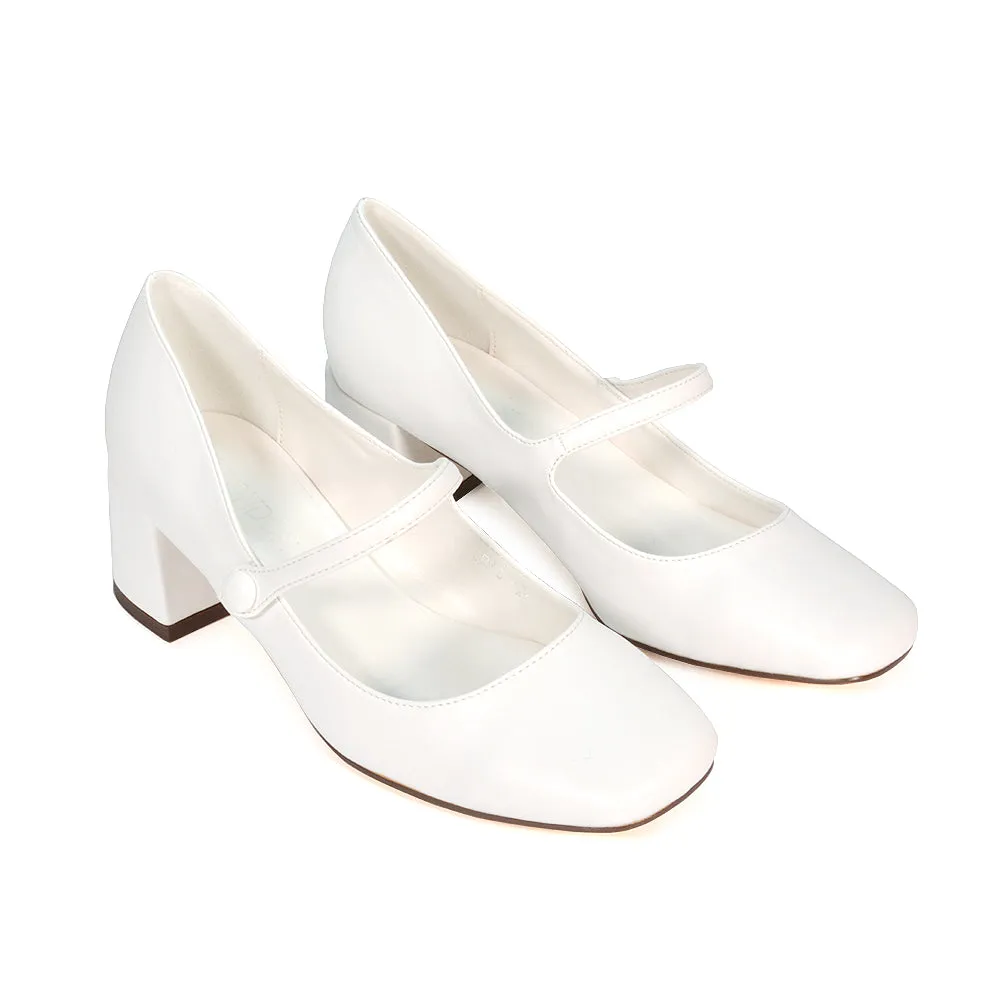 Rhea Mid Block Heel Closed Toe Mary Jane Shoes With Strap in White Synthetic Leather