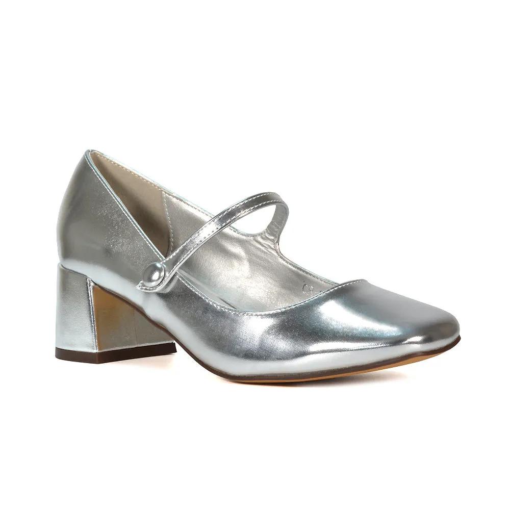 Rhea Mid Block Heel Closed Toe Mary Jane Shoes With Strap in White Synthetic Leather