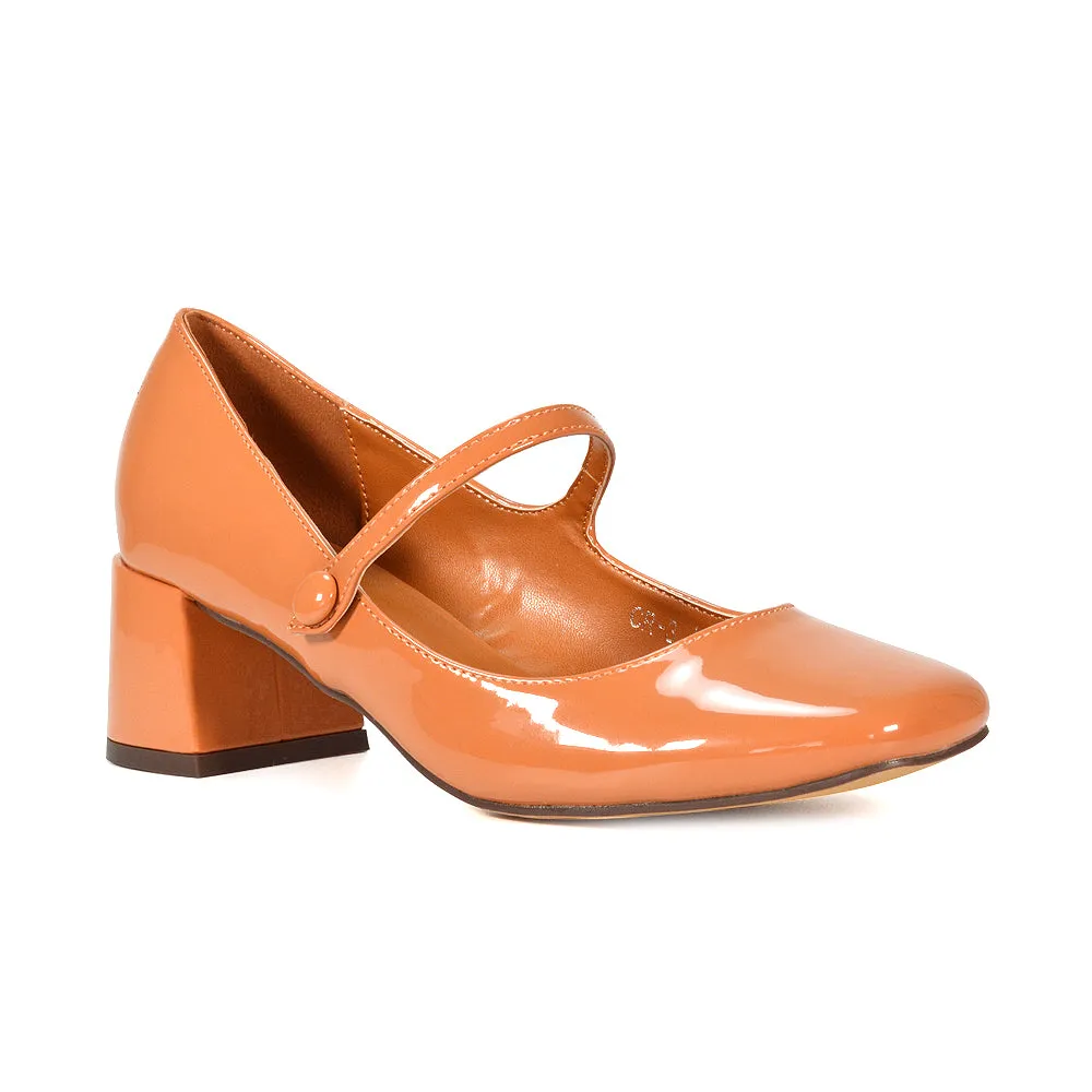 Rhea Mid Block Heel Closed Toe Mary Jane Shoes With Strap in White Synthetic Leather