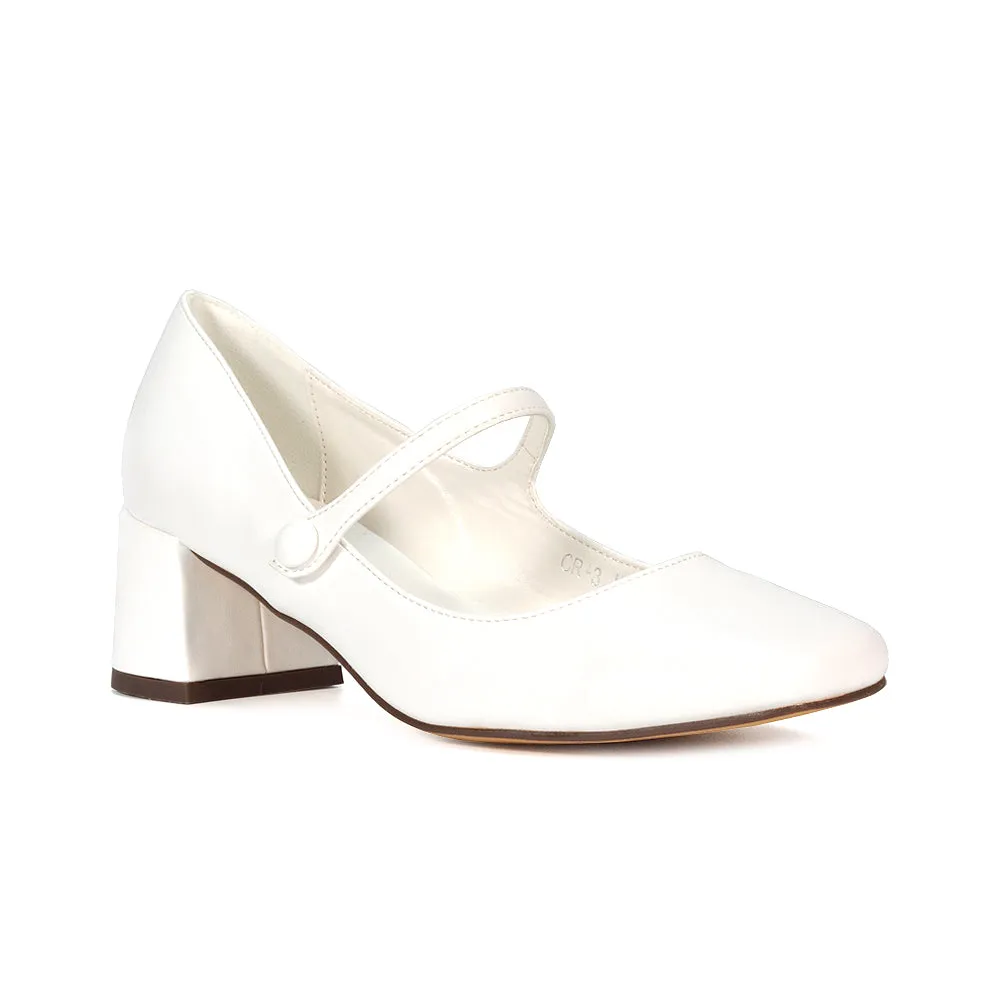 Rhea Mid Block Heel Closed Toe Mary Jane Shoes With Strap in White Synthetic Leather