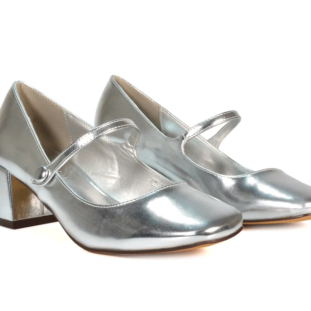 Rhea Mid Block Heel Closed Toe Mary Jane Shoes With Strap in White Synthetic Leather
