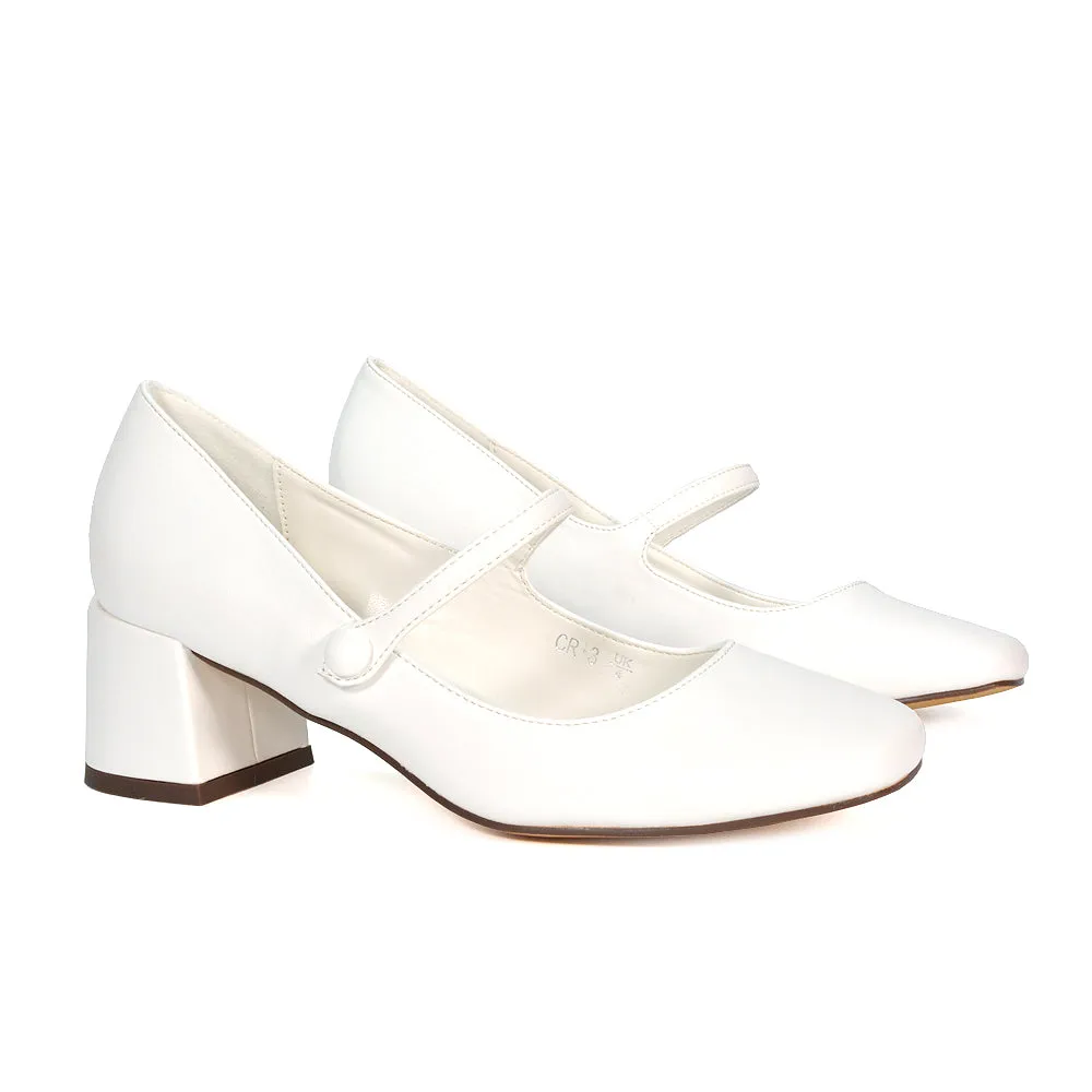 Rhea Mid Block Heel Closed Toe Mary Jane Shoes With Strap in White Synthetic Leather