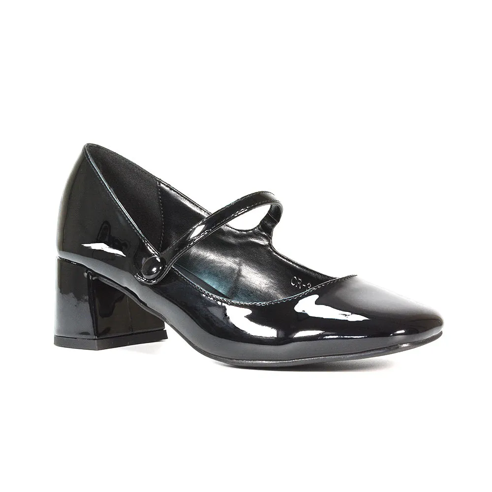 Rhea Mid Block Heel Closed Toe Mary Jane Shoes With Strap in White Synthetic Leather