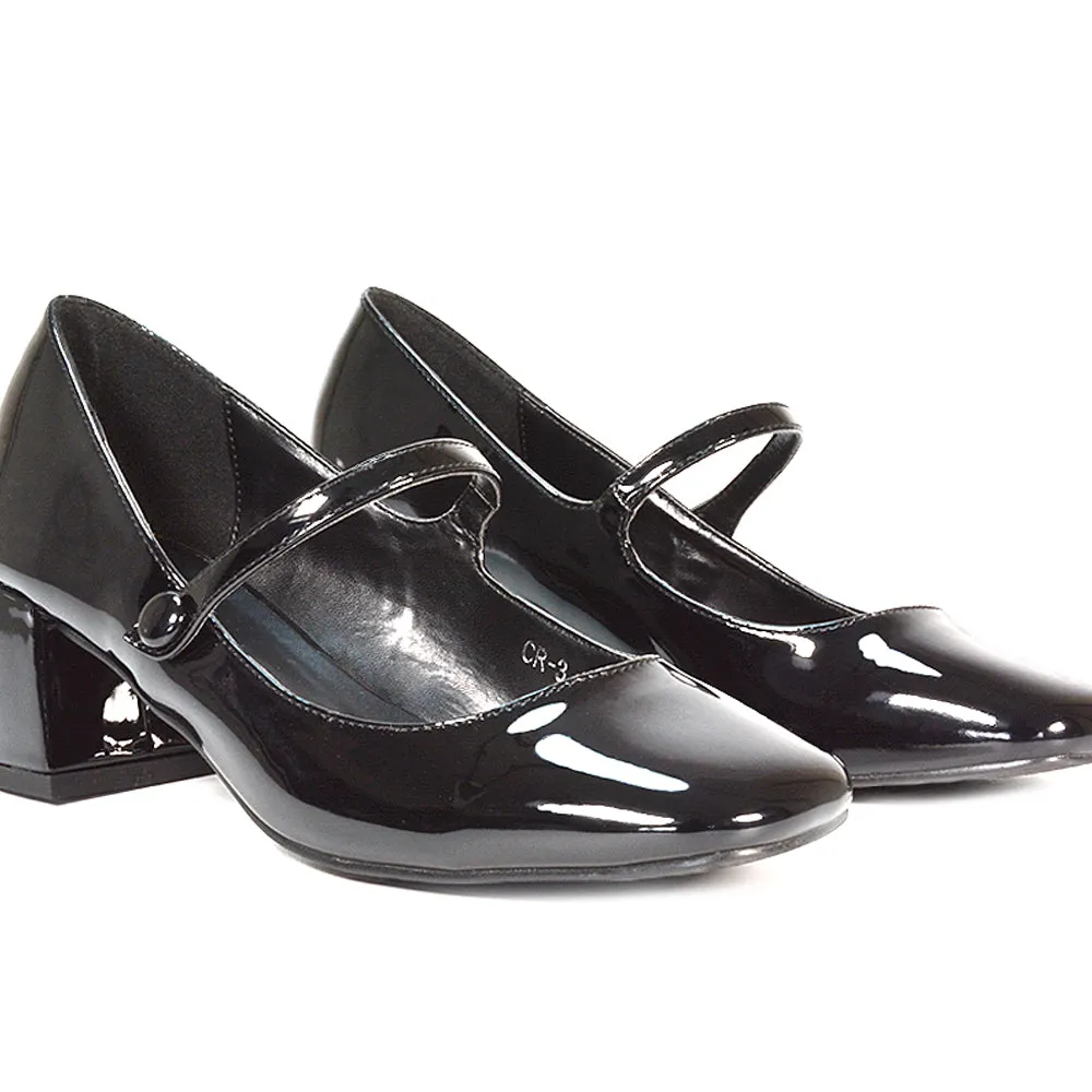 Rhea Mid Block Heel Closed Toe Mary Jane Shoes With Strap in White Synthetic Leather