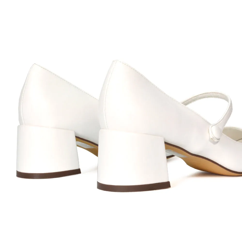 Rhea Mid Block Heel Closed Toe Mary Jane Shoes With Strap in White Synthetic Leather