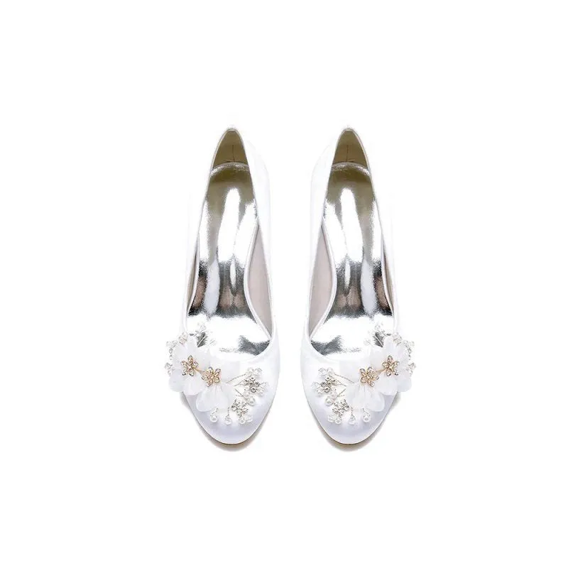 Rhinestone Chunky Heels with Flower
