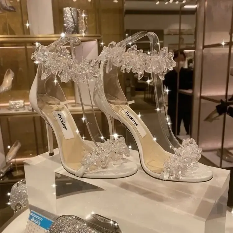 Rhinestone Flower White High Heels for Women