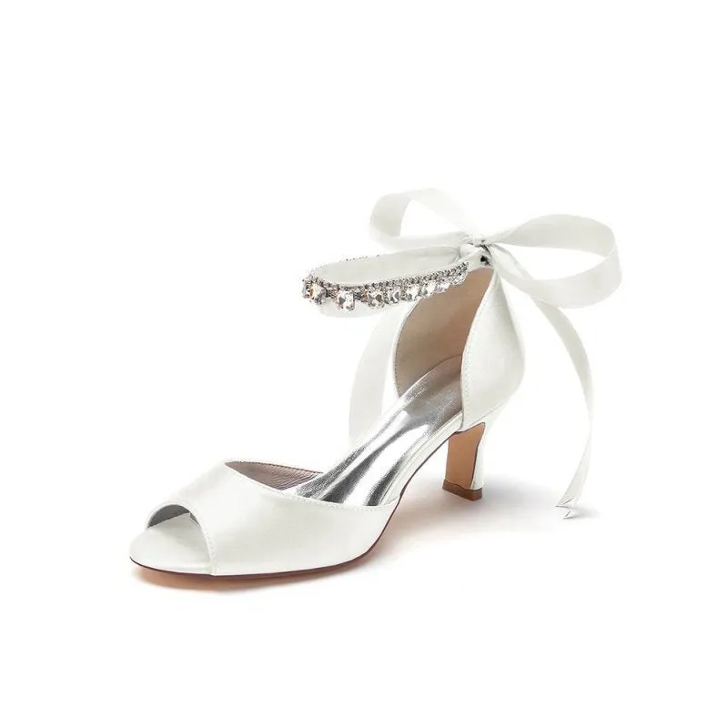 Rhinestone Peep Toe Chunky Heels with Ankle Strap