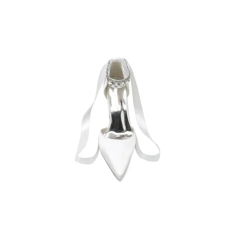 Rhinestone Ribbon Pointed Toe Ankle Strap Chunky Heel