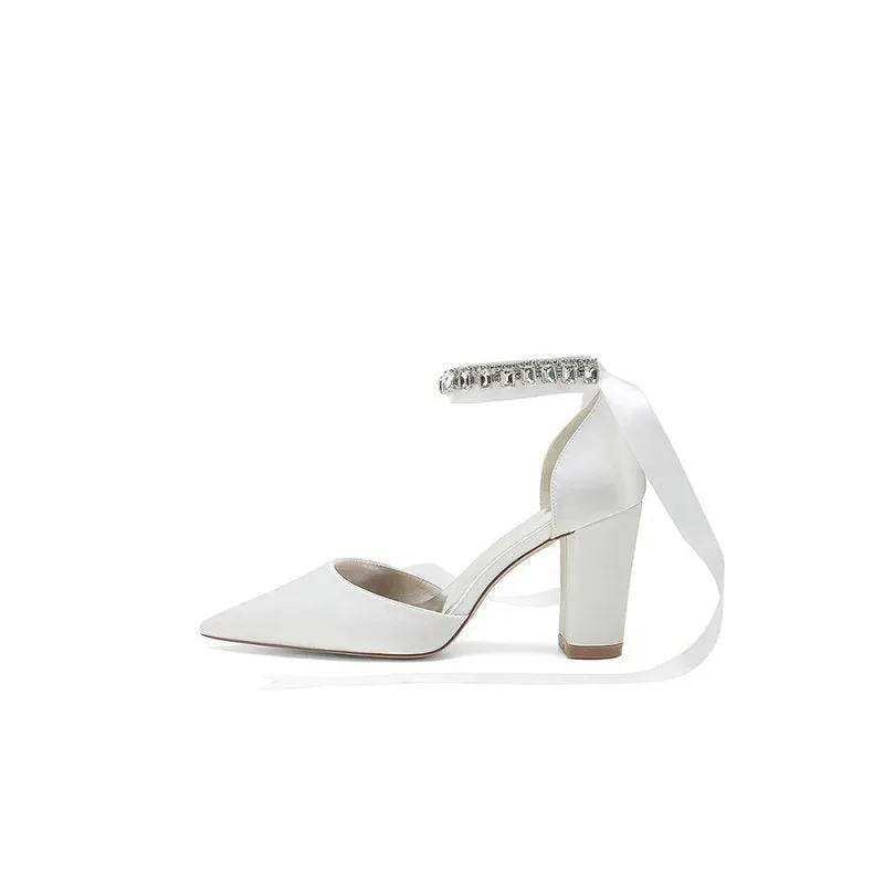 Rhinestone Ribbon Pointed Toe Ankle Strap Chunky Heel