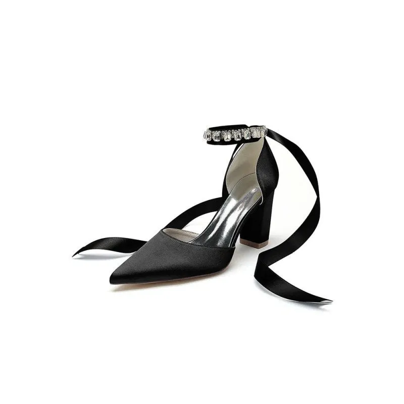 Rhinestone Ribbon Pointed Toe Ankle Strap Chunky Heel