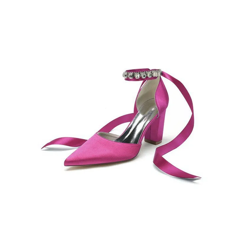 Rhinestone Ribbon Pointed Toe Ankle Strap Chunky Heel