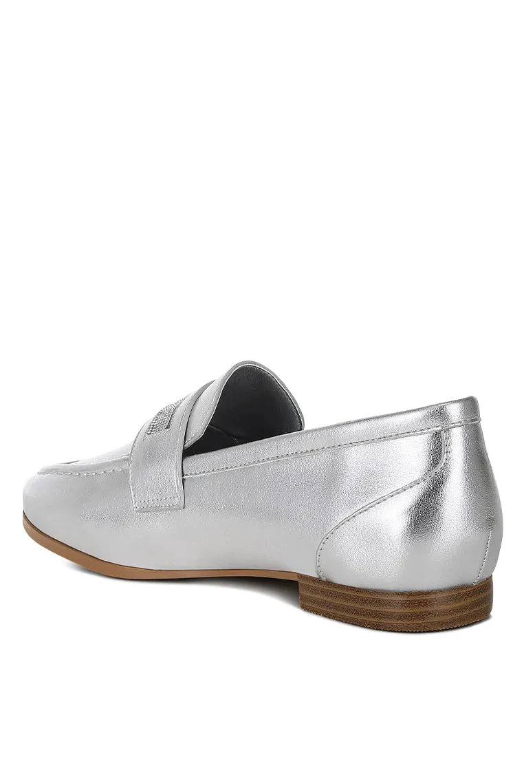 Rhinestone Strap Metallic Loafers By RUW