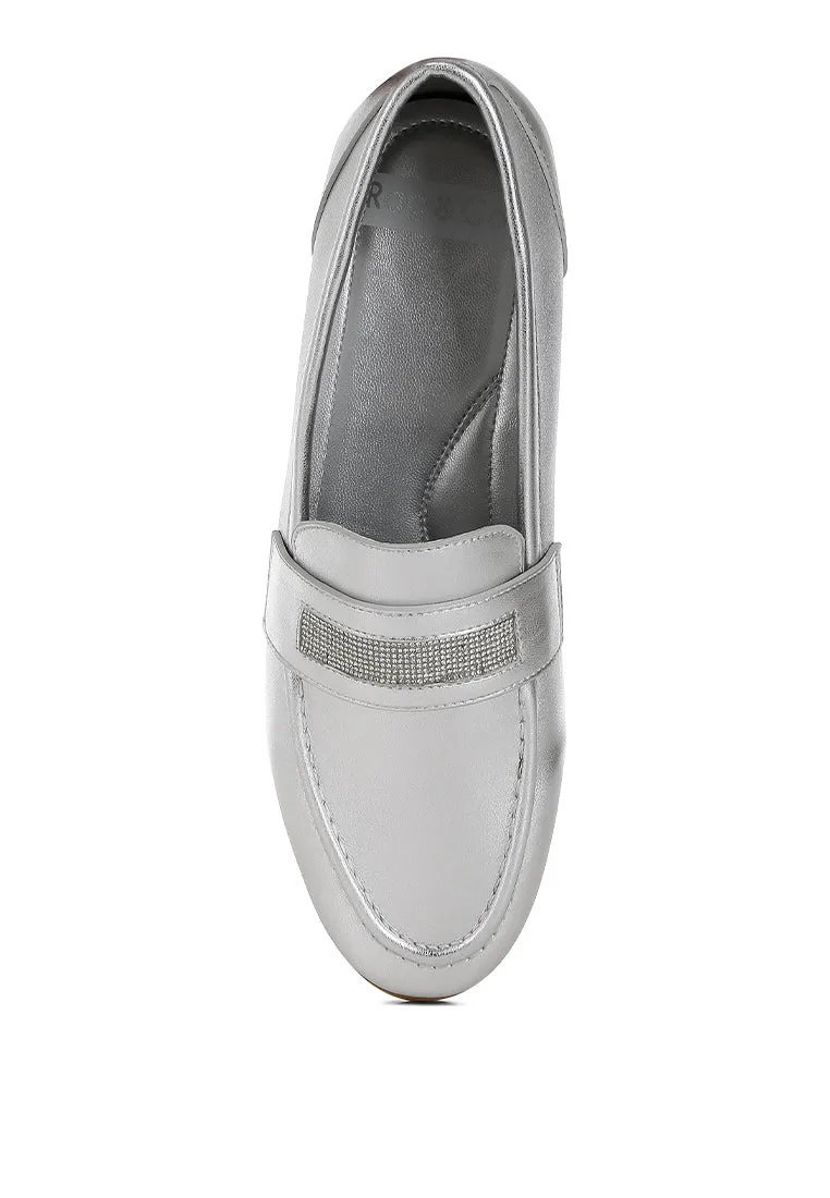 Rhinestone Strap Metallic Loafers By RUW