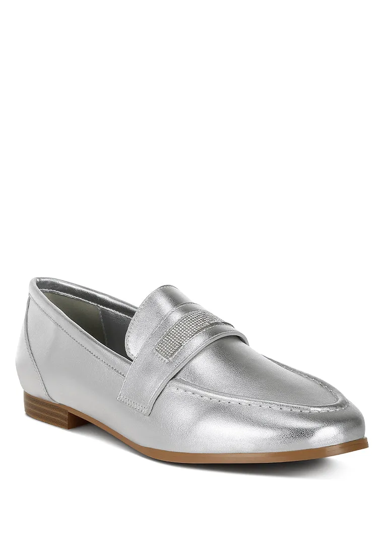 Rhinestone Strap Metallic Loafers By RUW