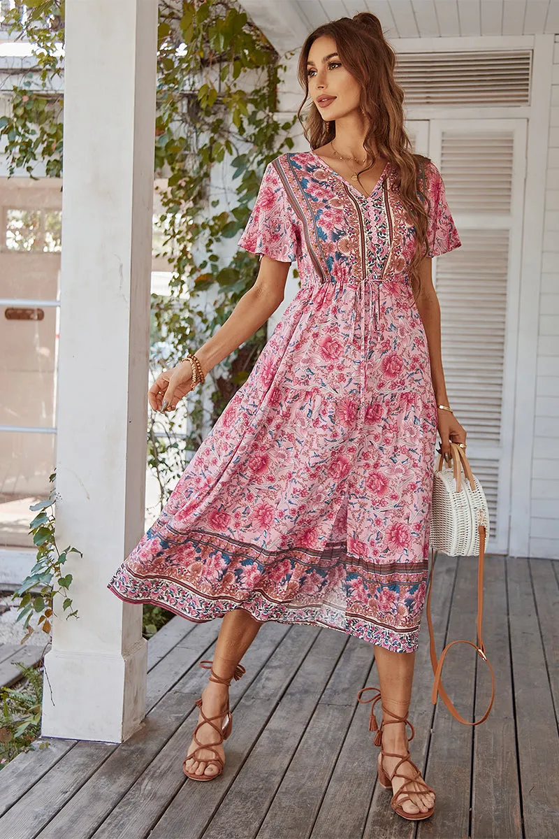 Ricarda Boho Midi Dress - Blush Print
