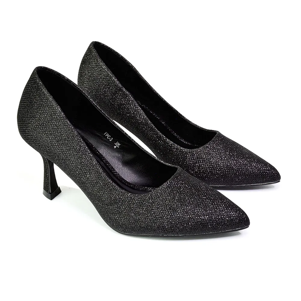 Romi Bridal Shoes Pointed Toe Wedding Glitter Court Shoes Mid Stiletto Heels in Black Glitter