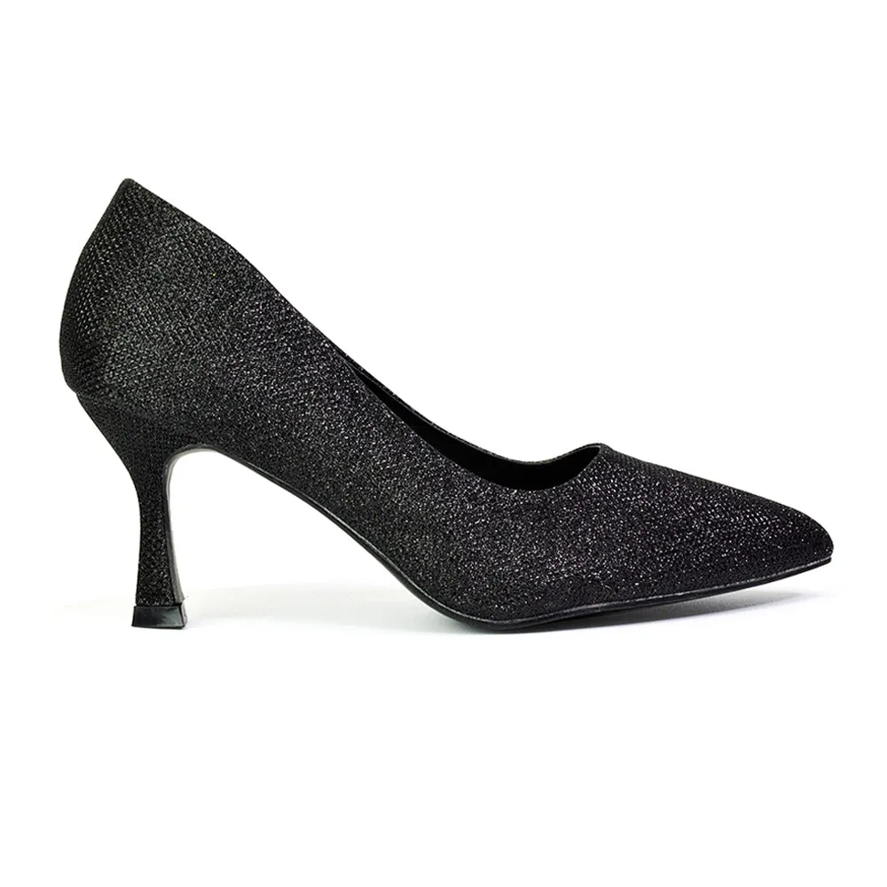 Romi Bridal Shoes Pointed Toe Wedding Glitter Court Shoes Mid Stiletto Heels in Black Glitter
