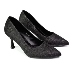 Romi Bridal Shoes Pointed Toe Wedding Glitter Court Shoes Mid Stiletto Heels in Black Glitter