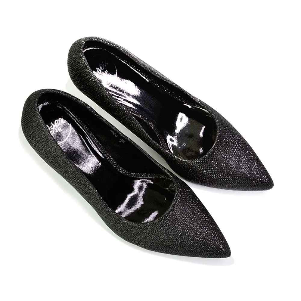 Romi Bridal Shoes Pointed Toe Wedding Glitter Court Shoes Mid Stiletto Heels in Black Glitter
