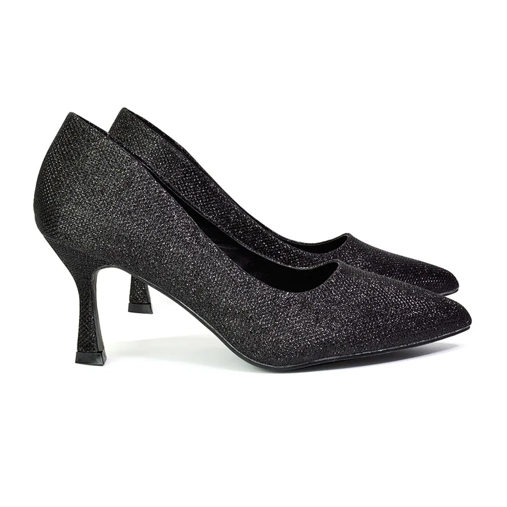 Romi Bridal Shoes Pointed Toe Wedding Glitter Court Shoes Mid Stiletto Heels in Black Glitter
