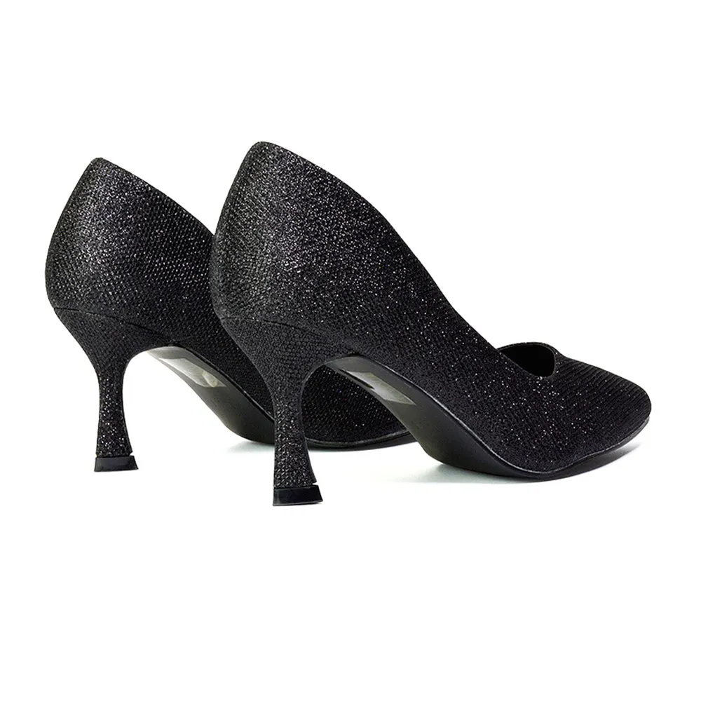Romi Bridal Shoes Pointed Toe Wedding Glitter Court Shoes Mid Stiletto Heels in Black Glitter