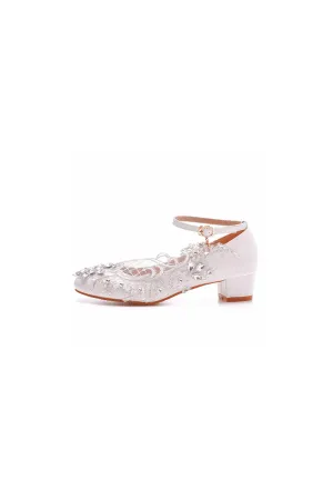 Round Toe Lace Rhinestones Ankle Strap Chunky Heel Wedding Shoes