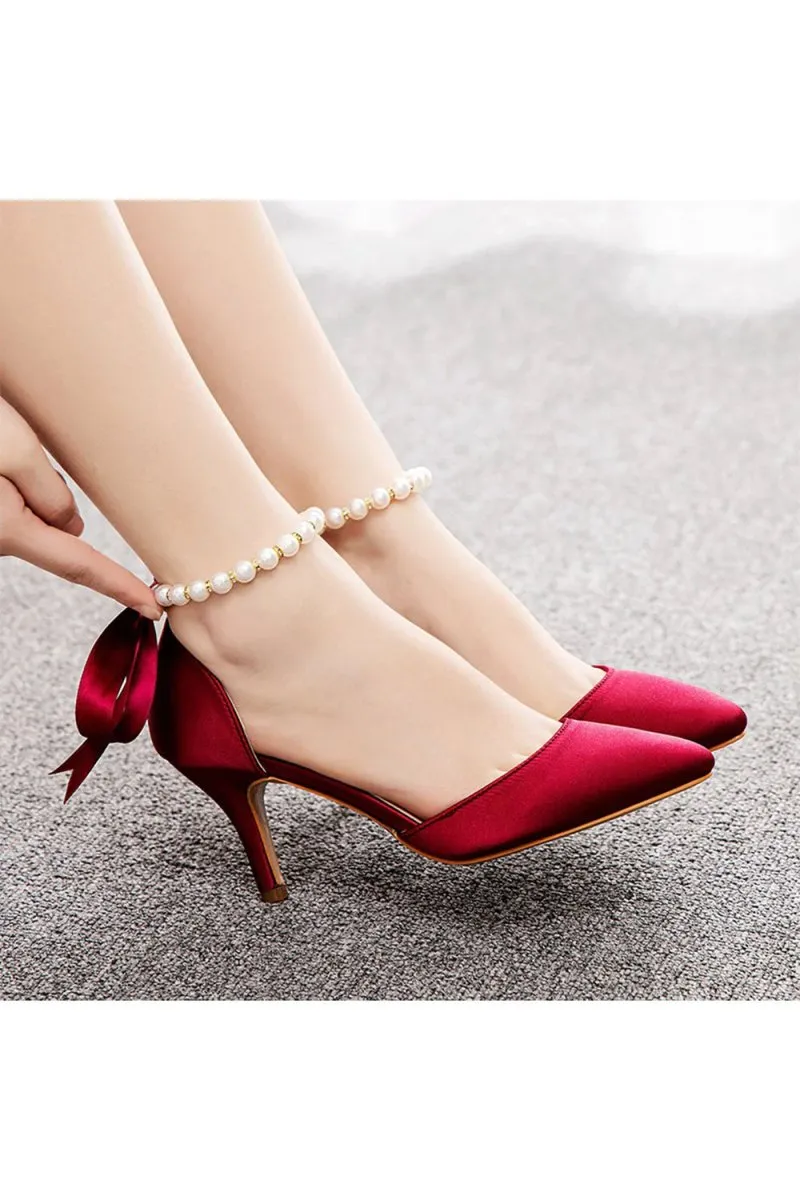 Satin Pearl Ribbon Tie Pointed Toe Ankle Strap High Heels