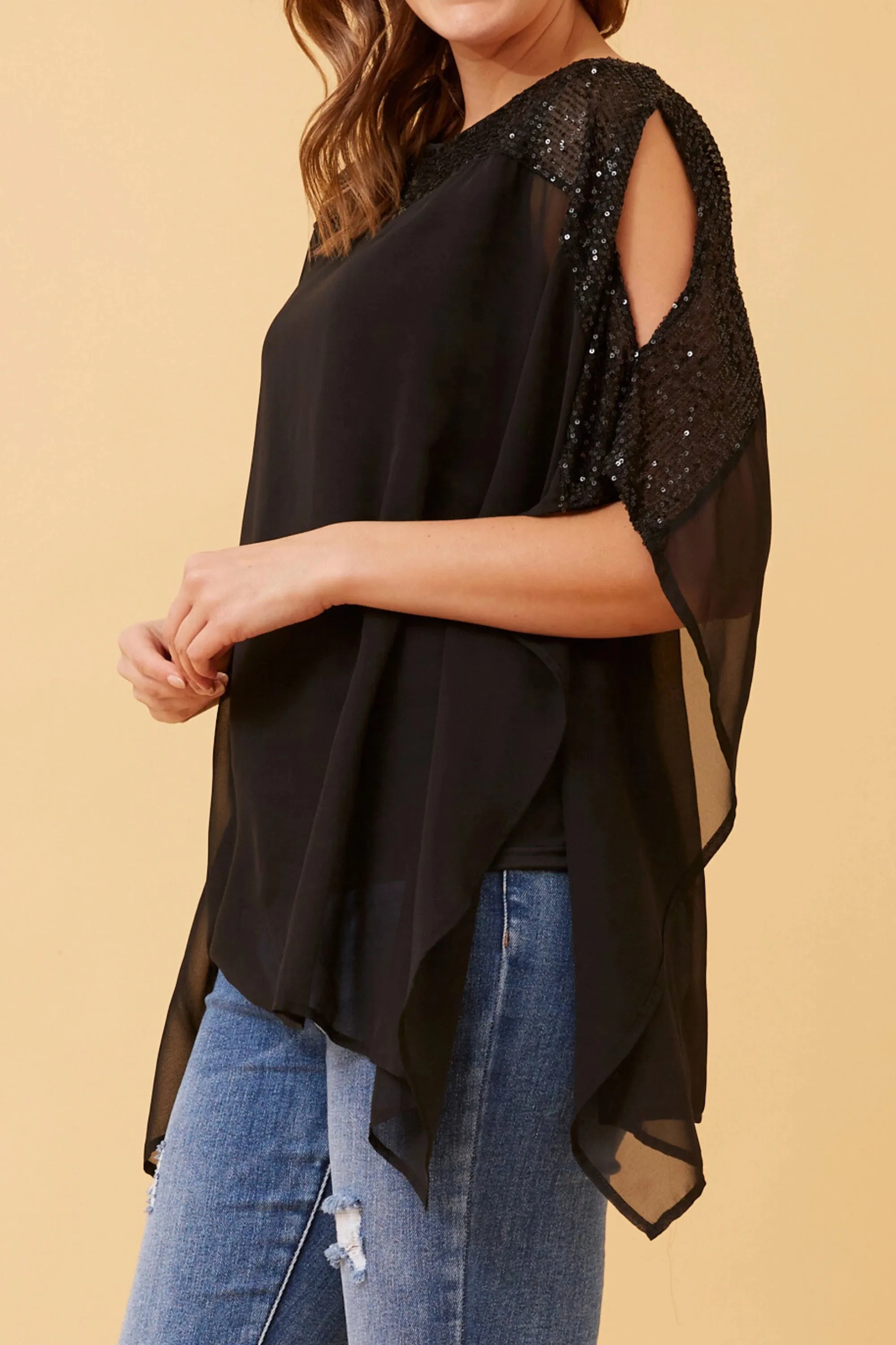 sequin cold shoulder batwig top (t166551)
