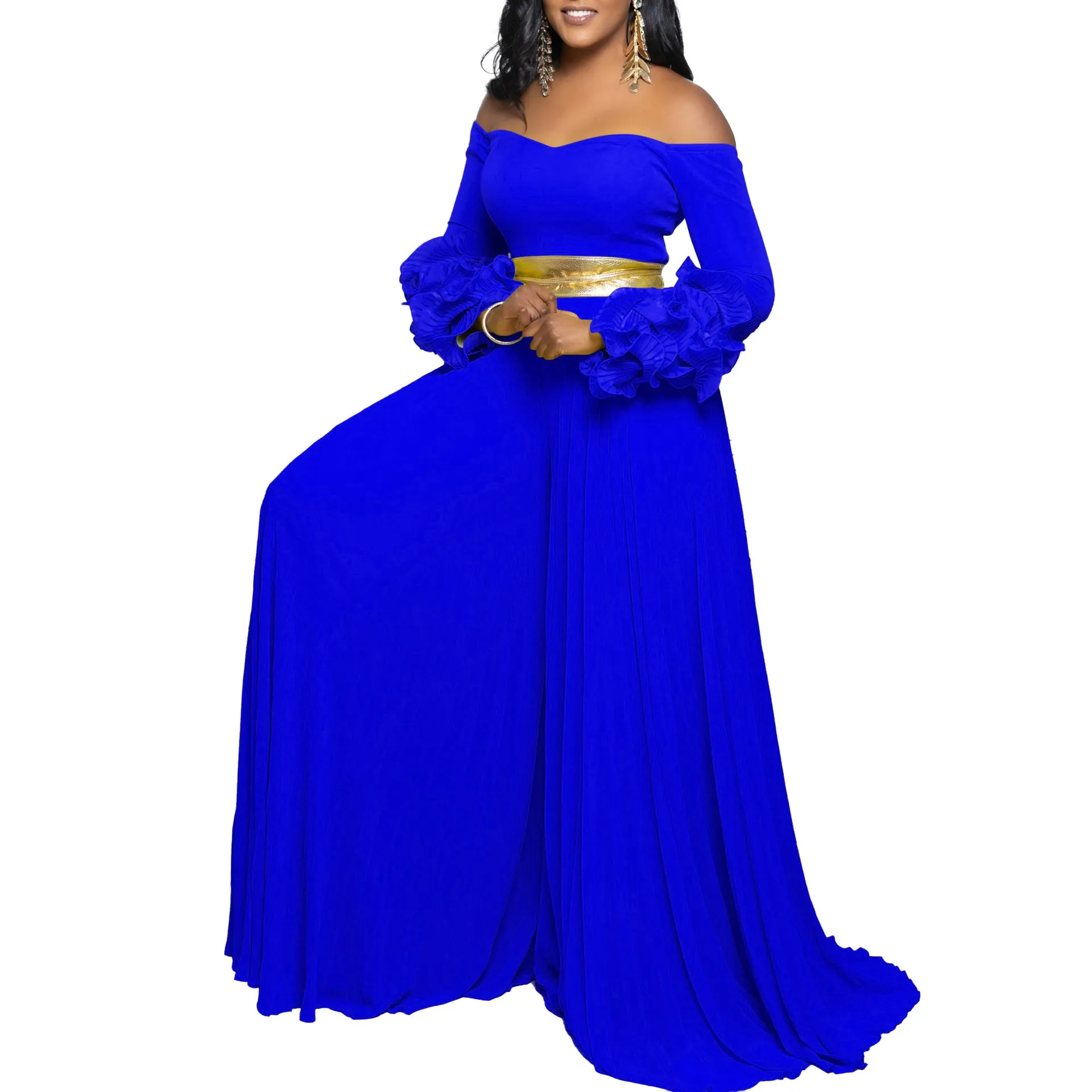 Sophisticated Off-Shoulder Ruffle Sleeve Pleated Wide-Leg Jumpsuit